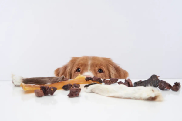 Dog Treats Curiosity: Cute Pet Peeking Behind Snacks