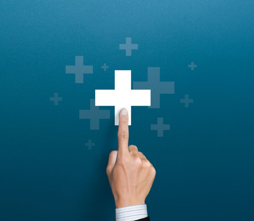 Hand Pointing at Plus Sign on Blue Background