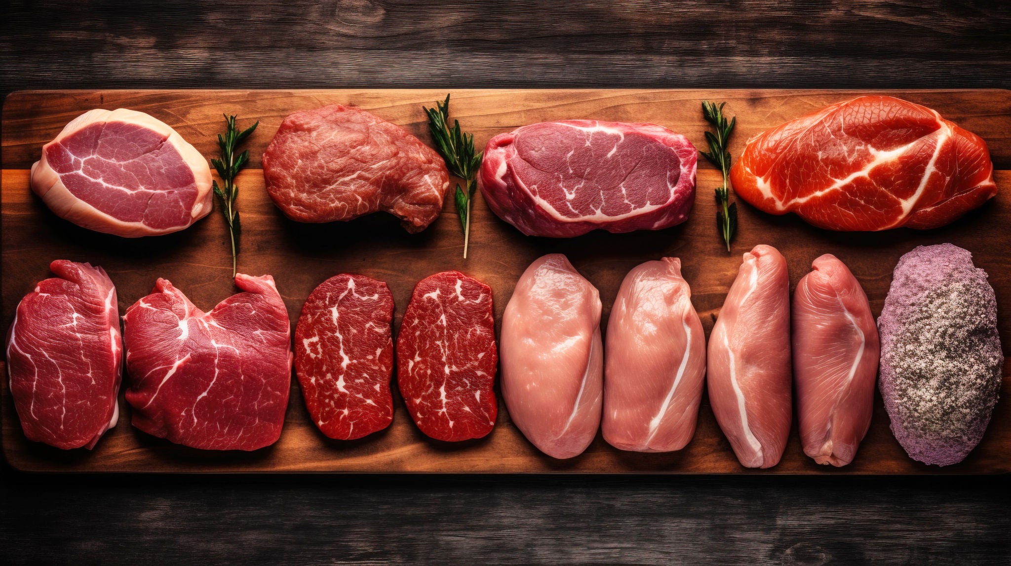 Set of different types of raw meat. Top view on the table. Black background. AI generated., Set of different types of raw meat. Top view on the table. Black background. AI generated. Set of different types of raw meat. Top view on the table. Black background. Header banner mockup with copy space. AI generated., Set of different types of raw meat. Top view on the table. Black background. Header banner mockup with copy space. AI generated.